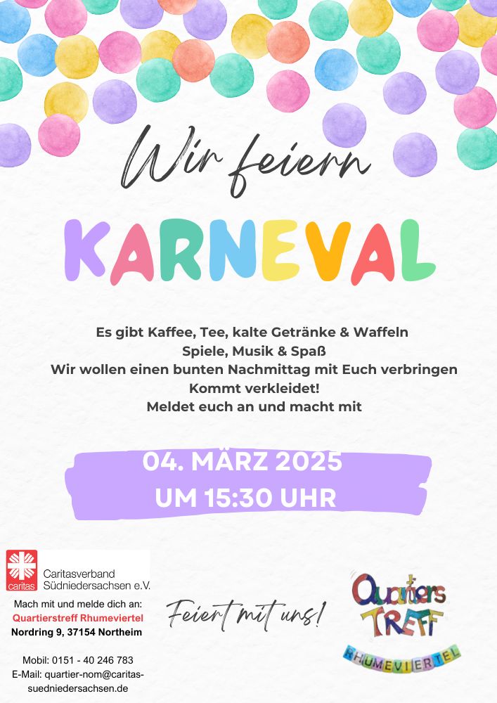 Plakat Karneval am 4. März 2025 im Quartierstreff Northeim